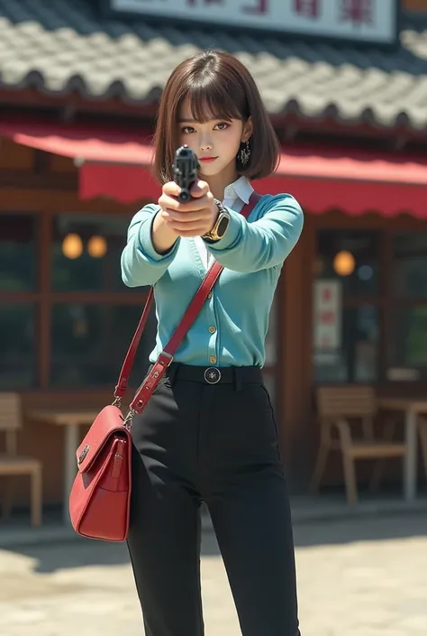 Hold the gun with both hands, shooting target, Front view, standing pose , hold Luger P-08,  front  sushi restaurant , noon ,from Front view,  looking at viewer, Japanese Girls ,(20-year-old),( Beautiful Eyes, Light brown straight short hair, fringe,  Fain...