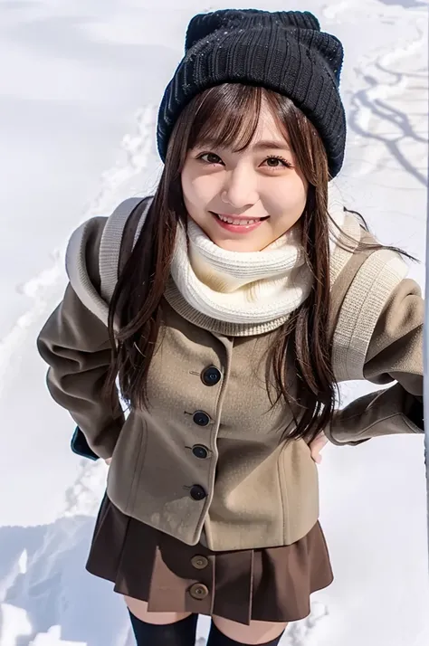 (masterpiece, best quality, perfect anatomy, highres, 8k, realistic, photorealistic, natural skin texture, no makeup:1.2), 1girl, solo, Japanese, female university student, age20, very cute, winter, (very cold day),
 (Snow is piling up, she lies on her bac...