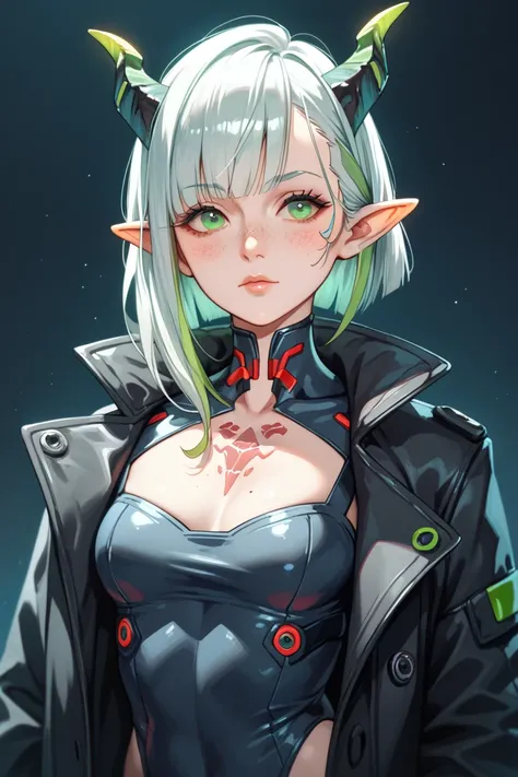 Portrait of an adult dragon girl, mature, curious expression, pale skin with freckles, green eyes, with big dragonic horns, messy short white hair with light green highlights, pointy ears. Wear tight black and white Cyberpunk clothes covered by a big black...