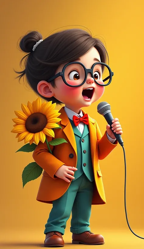 Create a cute baby with hair combed from glasses with a colorful suit and a beautiful sunflower in his coat with microphone in his hand singing  