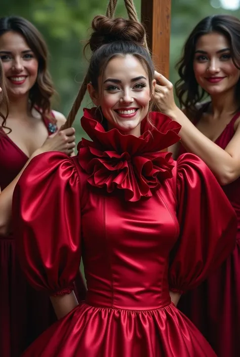 (realistic photograph close up sideways), (a pleased beautiful Caucasian woman with (messy hair bun), she is wearing (an elaborate red shiny silk gown with (long gigantic pouf sleeves), (and with an ultra high tight stand-up collar up to her cheeks) (with ...