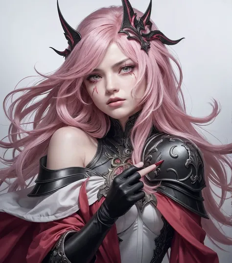 An extremely detailed hyper realistic photo depicting an angel of war with long, flowing pink hair and striking red eyes. They are wearing ornate black iron armor that contrasts with their hair. The character has a fierce or intense expression and is weari...