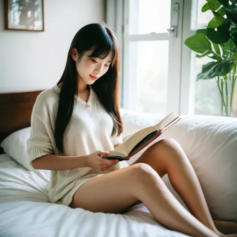 An Asian beautiful woman, age 20-year-old is sitting on her bed and reading a book. 