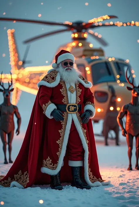 A surreal and majestic scene featuring Santa Claus in a heroic pose, standing confidently in front of a sleek, modern helicopter adorned with festive Christmas lights and glowing golden accents. Santa is dressed in a modern, regal version of his iconic red...