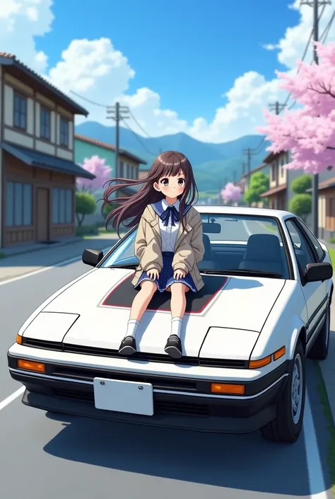 "Anime style scene set in Japan, with a Toyota AE86 Sprinter Trueno parked on a scenic street. The car is white with black trim and iconic black stripes on the hood. A young girl, around 16-18 years old, sits casually on the hood of the car, wearing a scho...