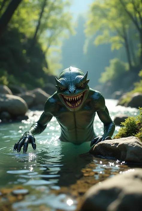 A water-dwelling humanoid with a bald, shiny head and scales covering its body, lurking in a clear mountain stream. Its mischievous grin reveals sharp teeth as it reaches for a fishing line. The setting is a serene, rocky riverbed surrounded by lush greene...