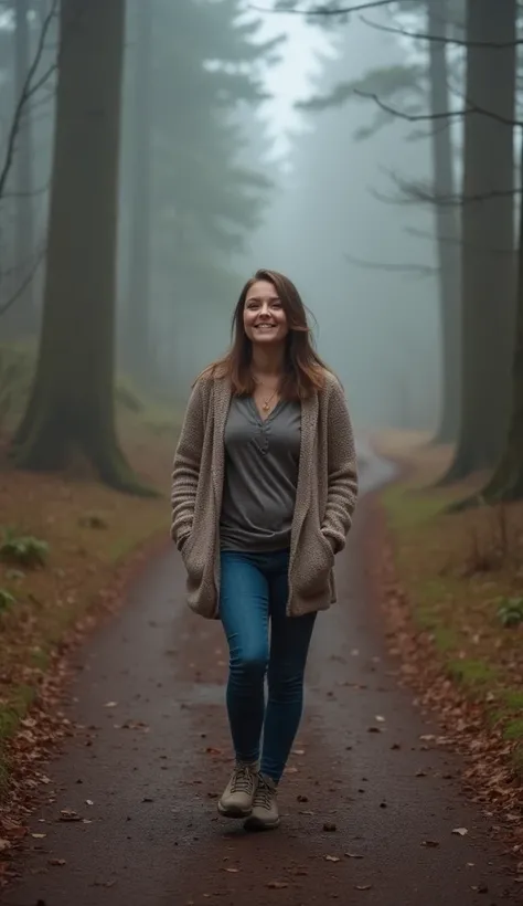 A 36-year-old woman walking on a misty forest trail, dressed in a warm cardigan.