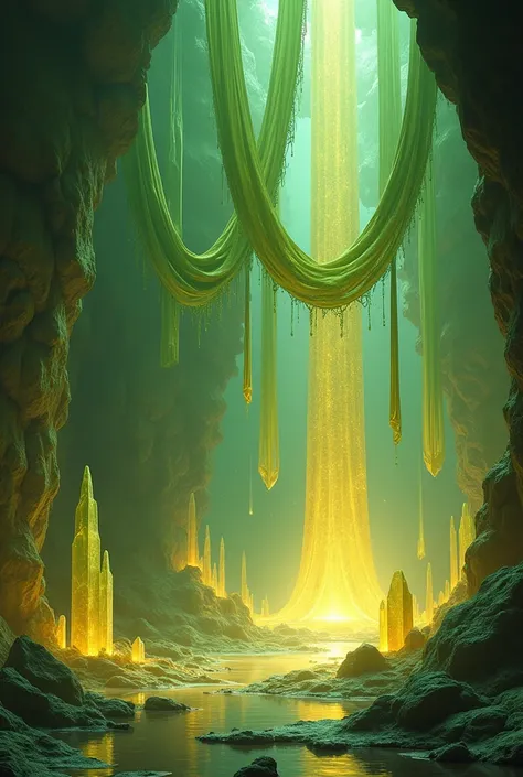 Believe me the image of many green and gold scarves hanging from the ceiling between green and yellow crystalline stones