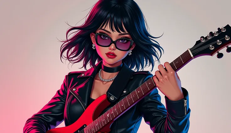 ROCHE BLACKPINK CHANGED THE LOOK FOR HER BLACK HAIR, BLACK GLASSES, BLACK LEATHER JACKET, LEATHER SHOES, COOL HIP-HOP, KOREAN POP, COOL FIGURE, LIKE PLAYING A MANIC DANCE GUITAR.