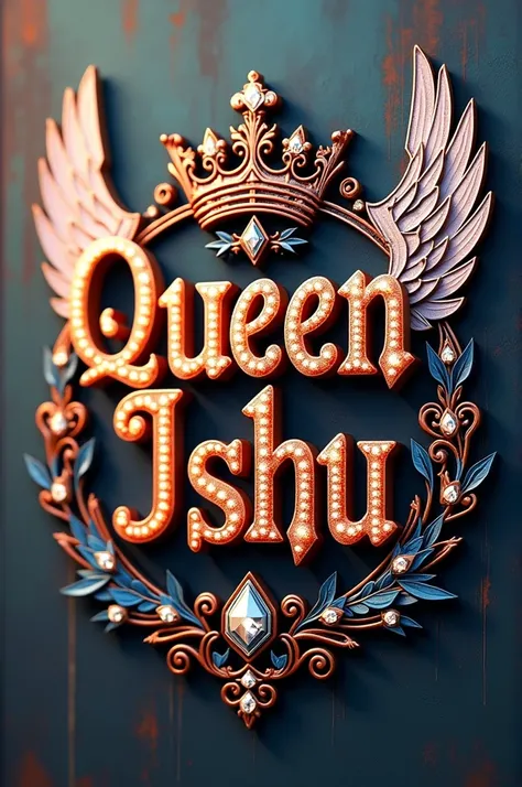 Elegant 3D typography with the name. "QUEEN ISHU V2"with an elegant crown and fine diamonds with sparkles of bright colors and angel wings, photo, typography, vibrantv0.1, graffiti, illustration, photo, product, fashion, poster
