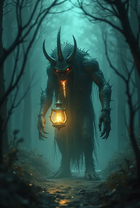 A sinister lantern-like creature with glowing eyes and flames emanating from its mouth. Its metallic surface is cracked and ancient, surrounded by eerie floating lights. The setting is a dark forest path illuminated by its ghostly glow."






