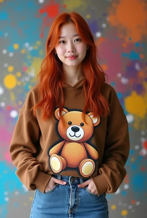  a beautiful Korean woman , long haired red colour,  wearing a brown hoodie with a picture of a teddy bear doll , wearing a blue jeans skirt,  against the background of a wall filled with colorful Warrna paint