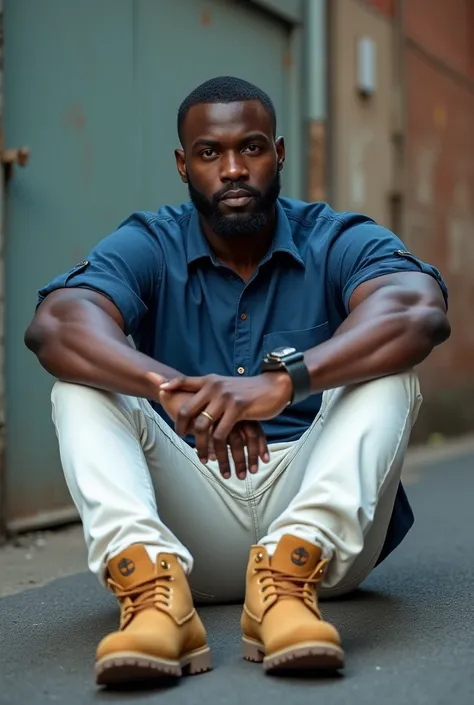 REAL MAN, handsome,  very short hair , negro, little beard,  sitting cute , on the asphalt ,  old white pants ,  fitted to their big legs, blue shirt, Attached to his body,  Timberland style boots beige , urban environment, (( realistic ,  Masterpiece, 8K,...