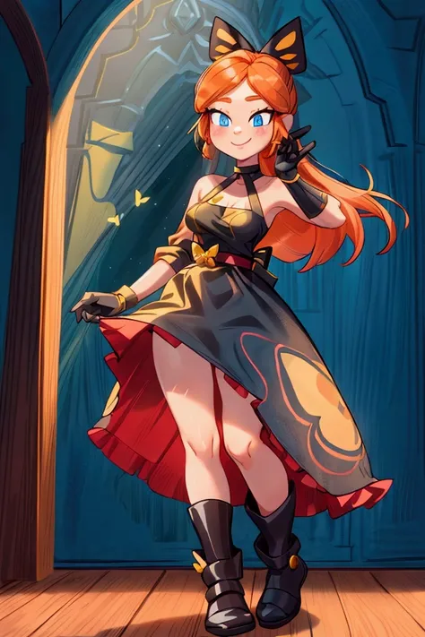 "Masterpiece, best quality, 1 girl, orange long hair, ponytail in hair, blue eyes, standing indoors with intricate details and sunlight. black and yellow frilled dress with short neckline, black gloves, black butterfly belt, earrings, black boots. Sweet sm...