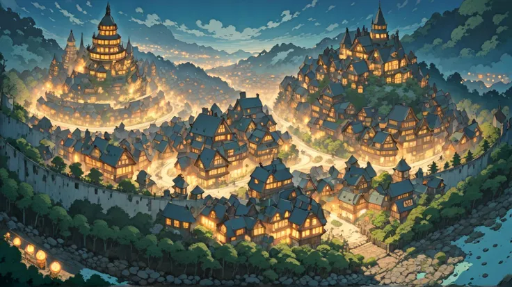 (masterpiece, ultra-detailed, top quality), (cartoon-like illustrations reminiscent of Hayao Miyazaki, Japanese 2D animation, shadows:1.3), distant night view from above, (huge peach moons:1.4), (huge medieval European castle town:1.3).