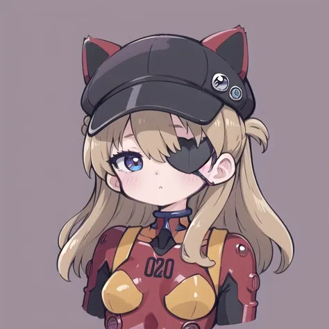 masterpiece,  top quality,  high definition, Anatomically Personalities 、Chibi,  1 girl in uniform,  beautiful background, whole body, Neon Genesis Evangelion 、 Shikinami Asuka Langley、 red plug suit 、 eye patch、(Cat hat、black)