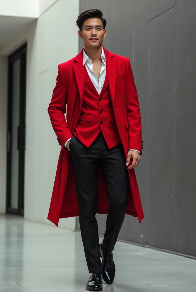 Generate a 25 years old filipino young asian man in a unbuttoned fit red coat, white wing collar long sleeve with black buttons, black pants and black shoes, red inner vest