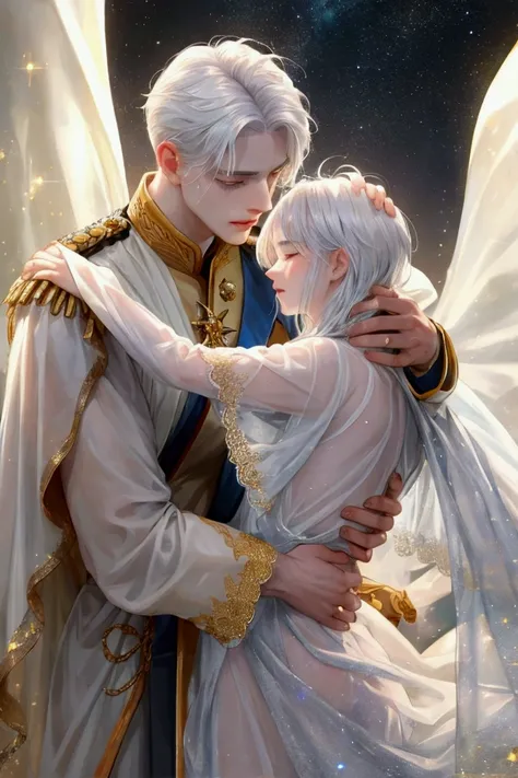 The white-haired prince and the golden-haired man hugging each other