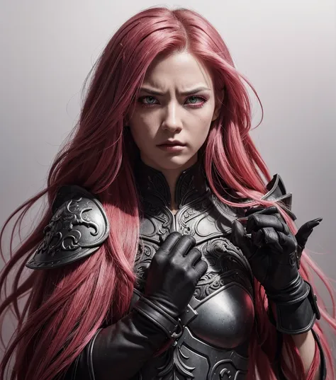 An extremely detailed hyper realistic photo depicting an angel of war with long, flowing pink hair and striking red eyes. They are wearing ornate black iron armor that contrasts with their hair. The character has a fierce or intense expression and is weari...