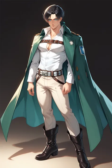  Guilty Gear Strike and Attack on Titan，male， Levi Ackerman ，Black Hair， center part ， blue eyes， cool， white cravat ， white shirt， Survey Corps short brown jacket ，Green Cape， cool belt ，Underwear pants ，下着の cool belt ，Long Boots，Three-dimensional mobile ...