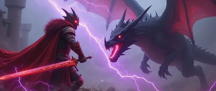 A crimson warrior with crimson armor , using crimson great sword, clashing dragon with thunder elements, background is at ruined castle and have purple Lightning around the character