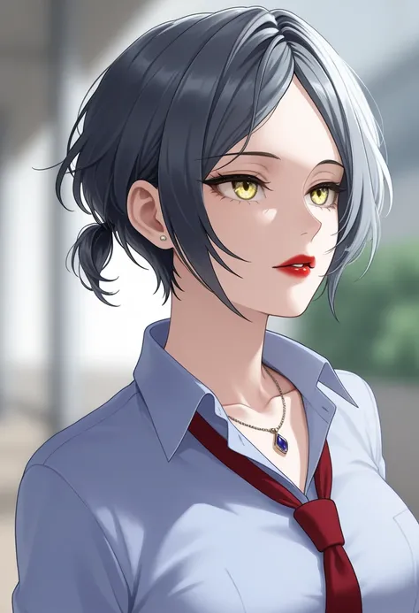 hayami kanade, 1girl, blurry, blurry background, collarbone, collared shirt, grey hair, jewelry, low ponytail, necklace, necktie, parted lips,red lips, red necktie, school uniform, shirt, short ponytail, sidelocks, solo, upper body, yellow eyes