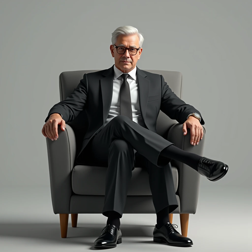 Man in a suit sitting on a ,  chair with very transparent black socks and shiny black shoes 