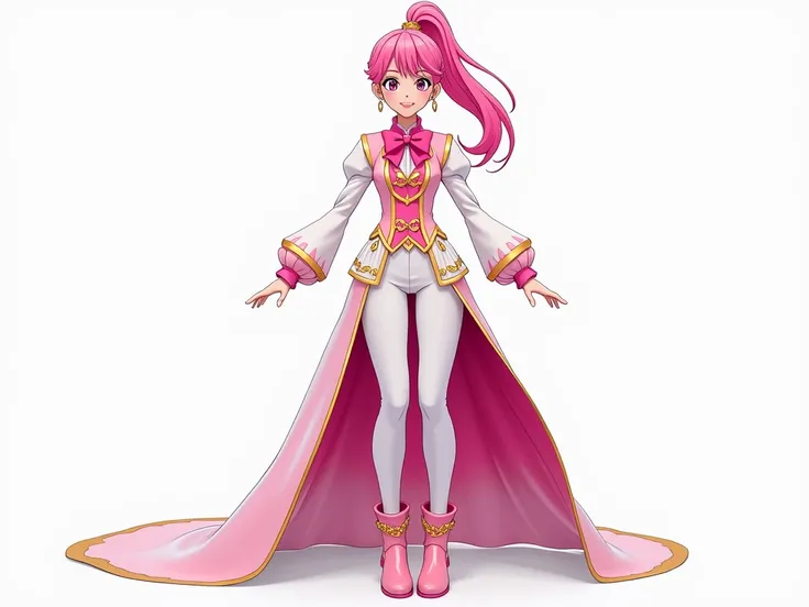 Teen Boy Precure oc pink feather prince suit male fairy with pink hair pulled up in a high ponytail that reaches down her back and curls upwards. With white long sleeve blouse with pink lining and collar, an pink bow and a long pink sleeveless vest with tw...