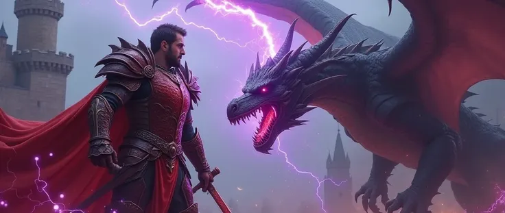 A warrior, bloody crimson armor , clashing dragon with thunder elements, background is at ruined castle and have purple Lightning around the character