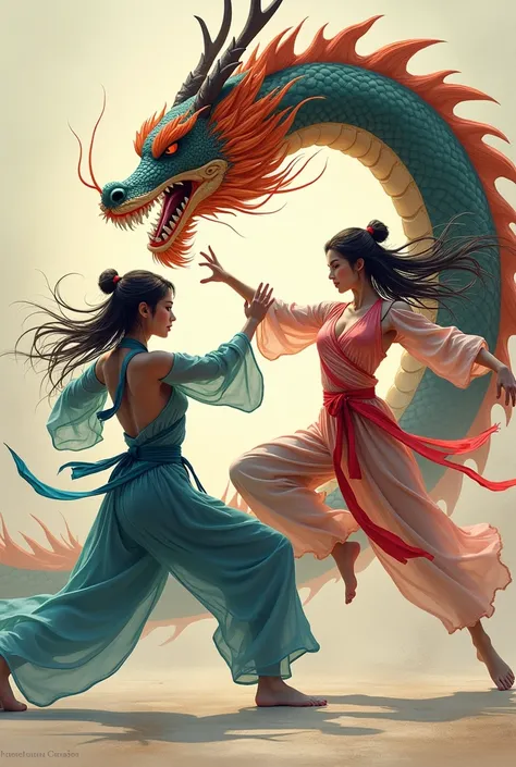 double contact, kung fu sexy woman, chinese dragon, simple background,