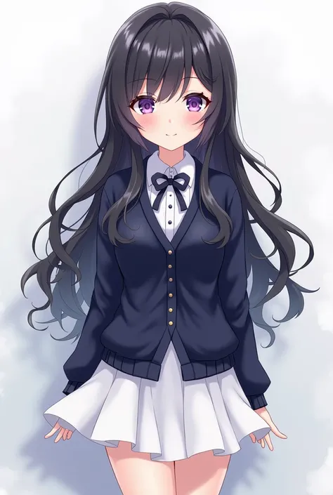  girl,  long hair ,  gakuran,  purple eyes , White dress , Navy Blue Cardigan, Suit, half curly hair, Black hair,  animation