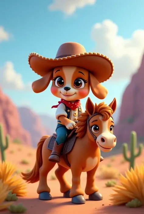 Pixar 3D style scene cartoon rendering of a Puppy in a Cowboy look, wearing hat, riding horse, the picture is shot in 4K ultra-high de