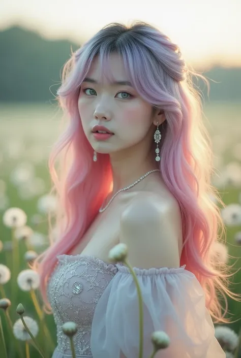 A photography cinematic of Miyuki, ((medium shot)) (half body) a 20-year-old Japanese (woman chubby) with long, tousled pink mix Purple and Ash Blue hair showing dark roots, Luxury Dress with diamond accesories, standing serenely amidst a field of Dandelio...