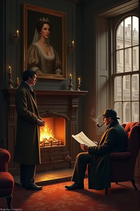 Sitting by a stove, above which is a portrait of a Queen, is Sherlock Holmes, smoking his pipe and reading the newspaper. Standing in a corner, Dr. Whatson peers through the windows into the street.