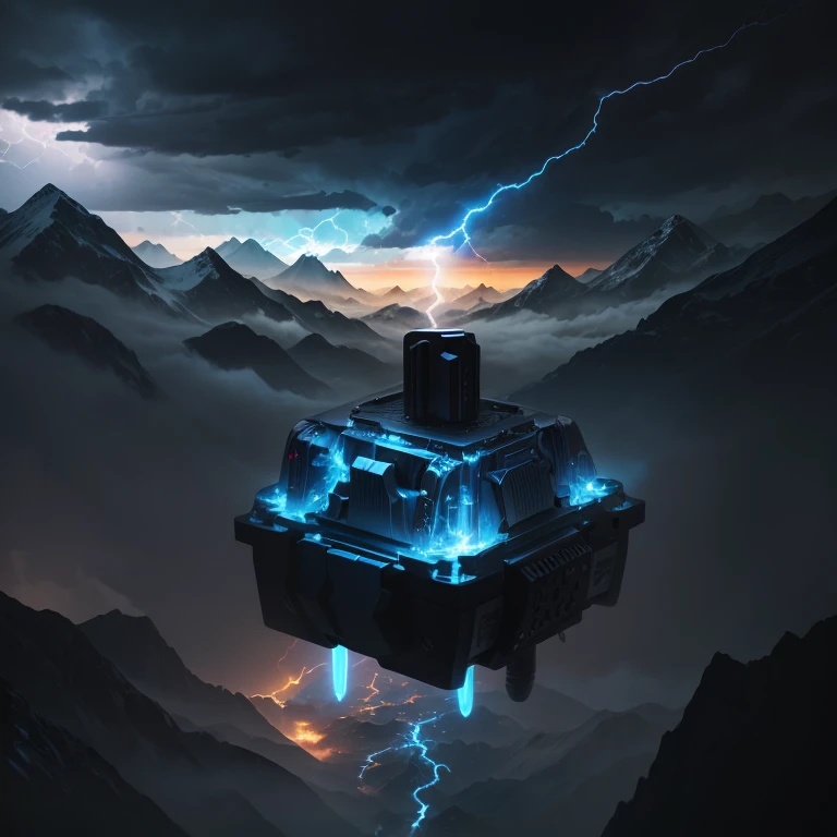  This is a mechanical keyboard switch ， The product features a linear switch with heavy pressure，name： and the lightning shaft ，Use the sky 、lightning、 mountains as the background ，Design a promotional poster。