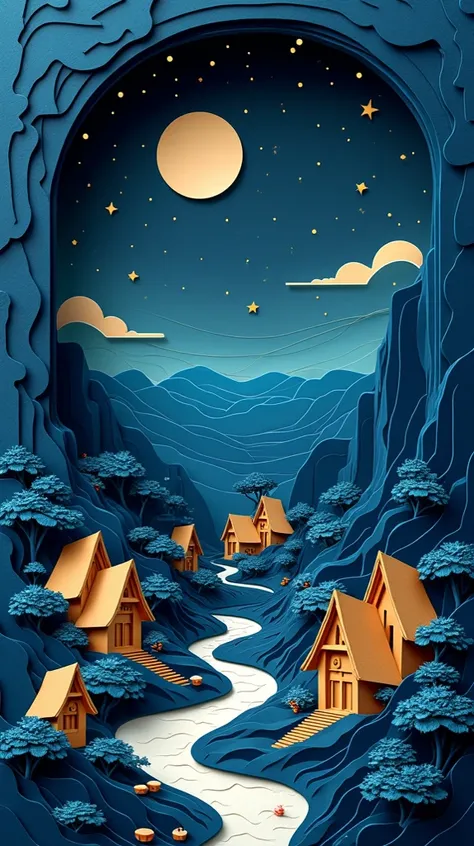 The digital artwork features stylish, layered paper cut designs. The layout is vertical, with the night sky swirling in deep blues and blacks, dominated by a large crescent moon and scattered golden clouds. Below, a meandering river of gentle white flows t...