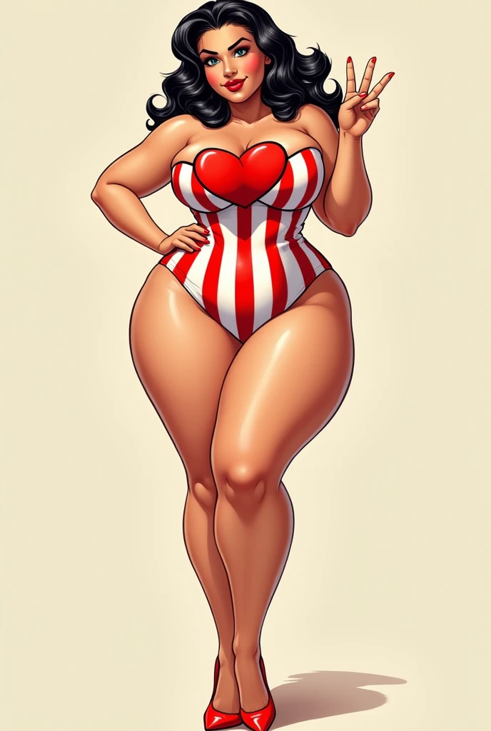 A curvaceous woman in a vibrant, red and white striped bathing suit, accentuating her stylized, hourglass figure, with a bold, red heart emblem emblazoned on her chest, stands in a confident, frontal pose, one hand resting on her hip, and the other forming...