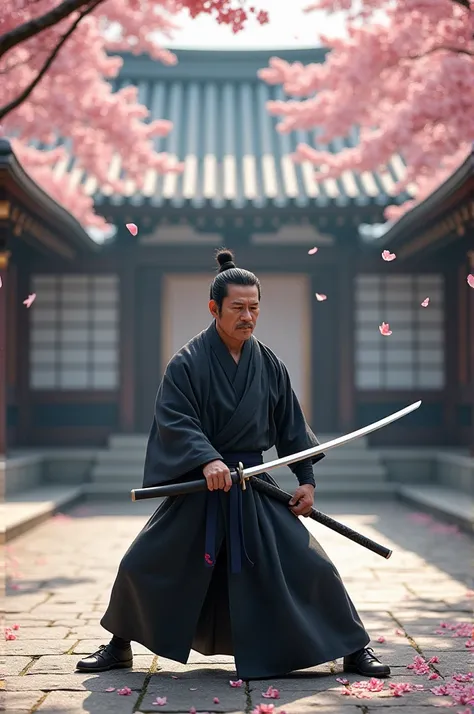 "In a secluded Buddhist temple on a mountaintop surrounded by cherry blossom trees, samurai Takezo trains under the guidance of an old monk. He practices precise sword movements in a stone courtyard at dawn, with cherry blossom petals falling all around hi...