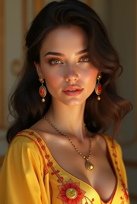 The woman is a vision of timeless beauty, exuding an air of elegance and refinement. Her dark brown hair cascades in soft, lustrous waves, framing her face with natural grace. Her citrine-colored eyes, radiant with a slight, enchanting glow, captivate all ...