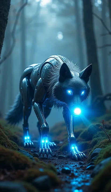 "This image showcases a mesmerizing hybrid creature that fuses the sleek body of a wolf with the luminous and technological features of a flashlight. The wolfs form is entirely constructed from flashlight components, seamlessly blending cylindrical casings...