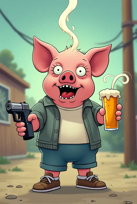 Pig Alucin with a beer and gun animated like The Simpsons

