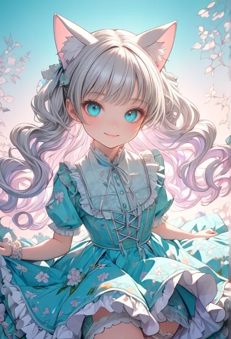 1 cute girl with cat ear and cat tail, ligne claire, contour deepening beautiful detailed glow, by famous artist,  head tilt, long white hair, curly hair, Air bangs, Grey hair, beautiful detailed hair, Beautiful face, ^ ^, lovely big eyes, flat chest,   ze...