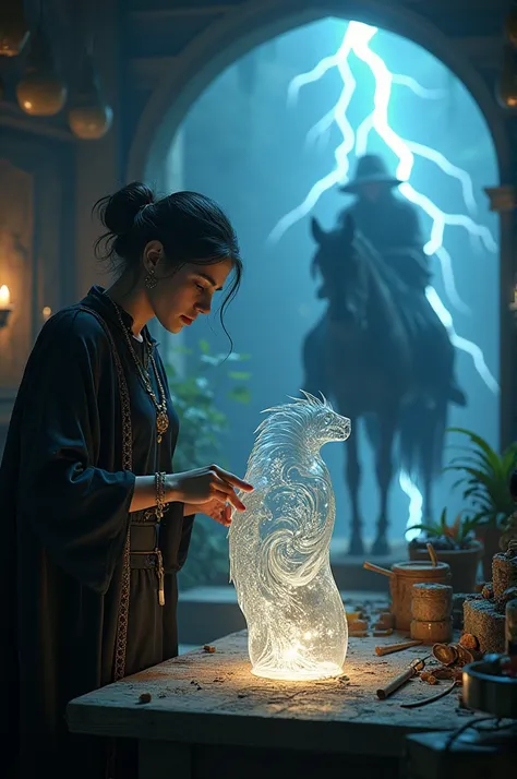 Glass carving and a witch riding lightning