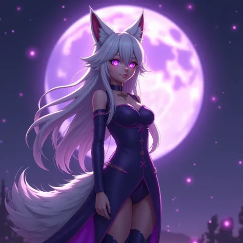 A Girl With white fox girl Avtar flashy purple eyes like Ahri from League of Legends, The Girl Standing Front Of Purple Moon. High Resolution, Masterpiece, Anatomically Correct, Best Quality, High Details, Super Detailed, UHD, 