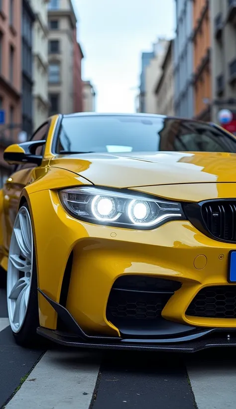  And its a bmw m3 car full picture yellow color and the lights are on and the spoiler and bumper are and the rim is white full picture beautiful city full picture 