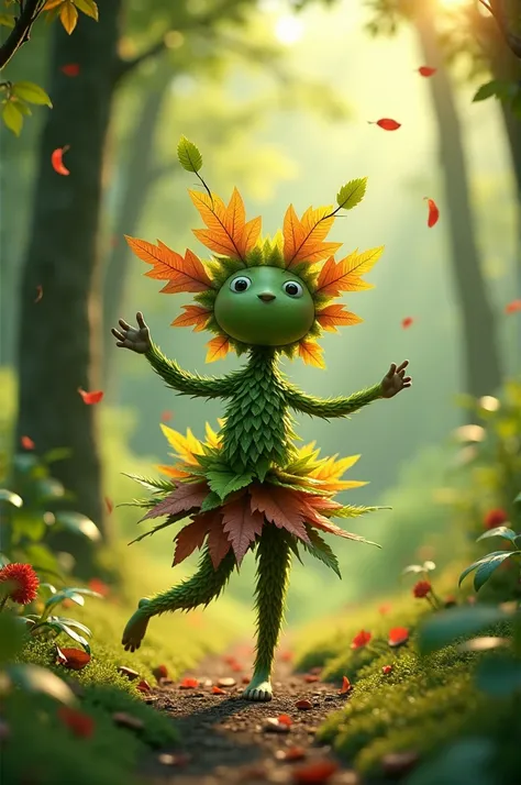 A Mini character made with many types of leaves who is dancing in the nature 