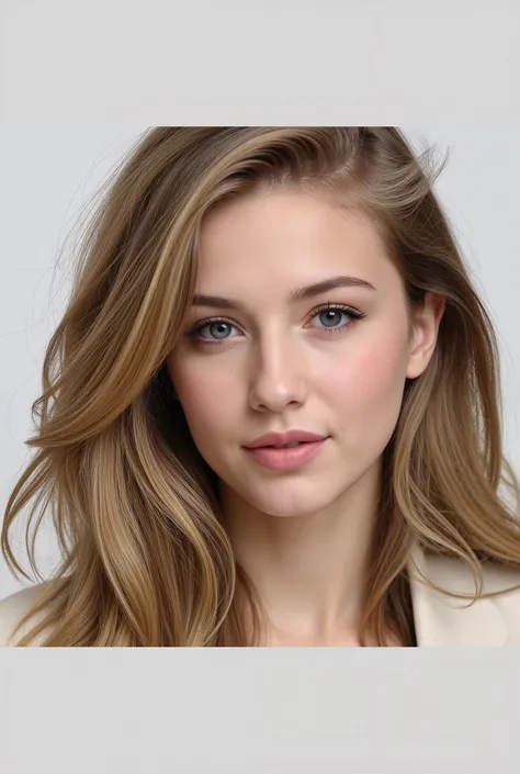 A realistic teenage girl with a glamorous and confident appearance. She has long, flowing blonde hair styled in soft waves, with a natural, glowing complexion. Her face has a heart-shaped structure, with defined cheekbones, almond-shaped eyes, and full lip...