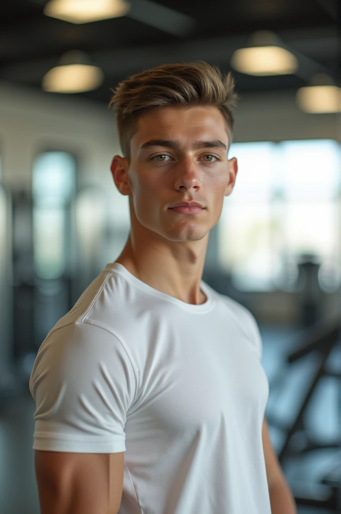 Teen boy with a handsome face and wearing a white t-shirt in the gym