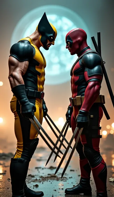 A cinematic scene of Wolverine and Deadpool facing each other in a dramatic standoff. Wolverine is standing tall with his adamantium claws fully extended, his muscular build accentuated by his yellow and black X-Men suit. Deadpool, wearing his iconic red a...