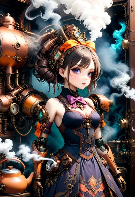 steampunk style,  science fiction,  girl , dress, Beautiful , bow, bright colors,  armband ,  complex textures , mechanical arm, Background Cabinet, smoke, kettle,  masterpiece fails, 8 k,  best quality ,  patterns with maximum detail,